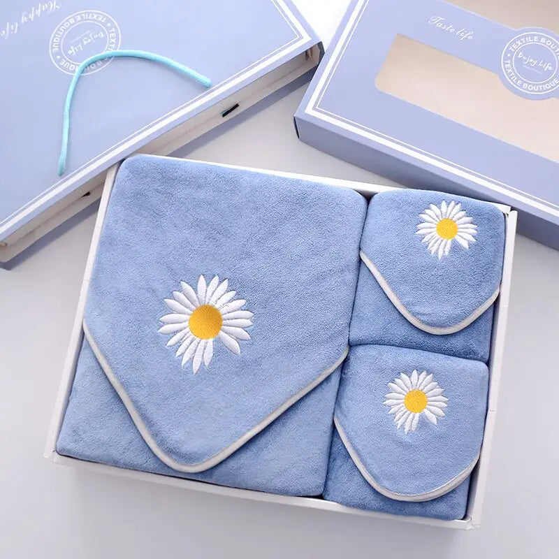 Multi Colour Custom logo Luxury Good Absorption Soft Micro Fiber Bath Towel Embroidery Daisy Kids Bathroom 3pcs Towel Set