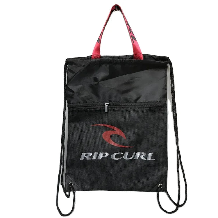 OEM Camping Hiking Black Polyester Nylon Outdoor Sports Drawstring Mesh Backpack Bag with Handle