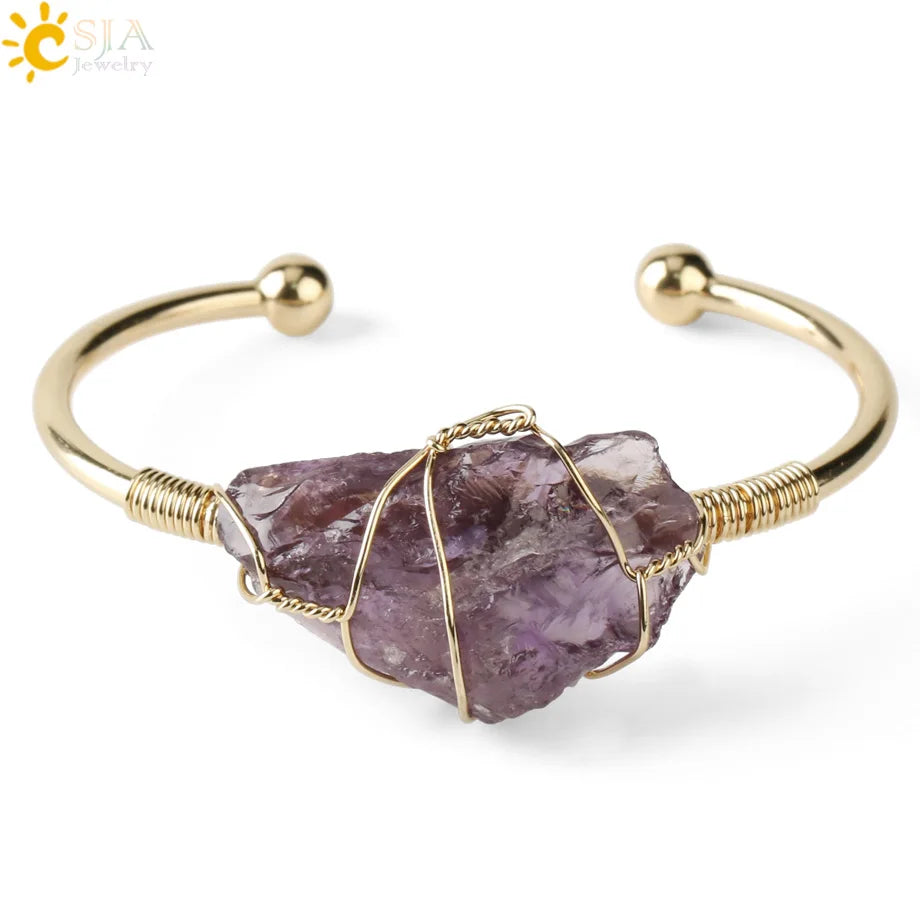Csja Handmade Wire Wrapped Cuff Open Irregular Natural Raw Rose Quartz Stone Crystal Bracelets & Bangle for Women G327
