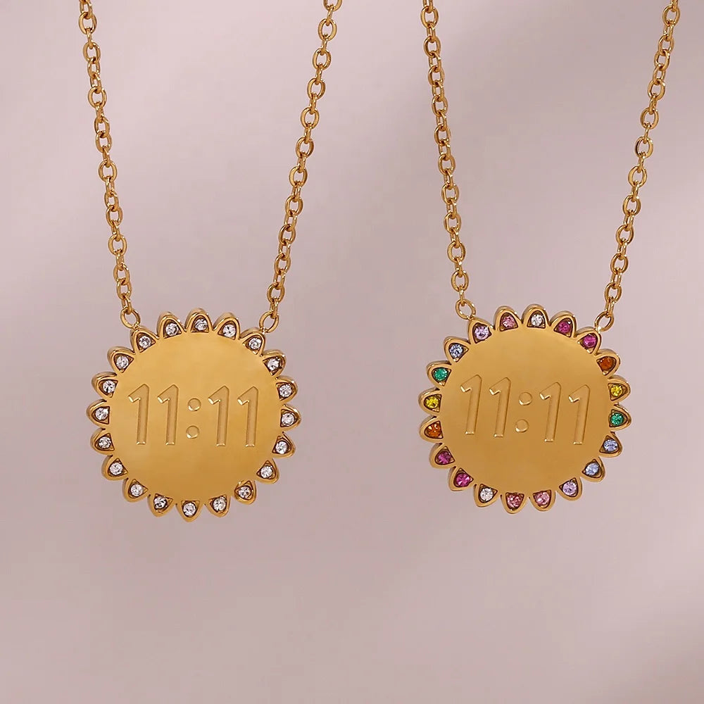 2023 Trending Stainless Steel Jewelry Sunflower and Crystal Rhinestone Angel Number Necklace with Link Chain for Weddings