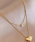 Zooying Double Layer Stainless Steel Chain Zircon CZ Necklace 18k Gold Love Heart Pendant Necklace