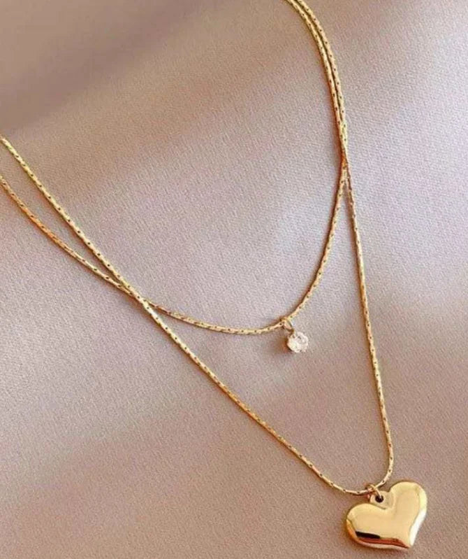 Zooying Double Layer Stainless Steel Chain Zircon CZ Necklace 18k Gold Love Heart Pendant Necklace
