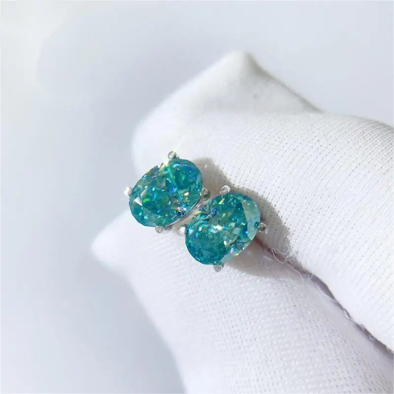 Aimgal GRA Certified Blue-Green Moissanite Stud Earrings Oval Cut D-VVS1 3EX Four Claw in S925 Silver Plated 18K Gold