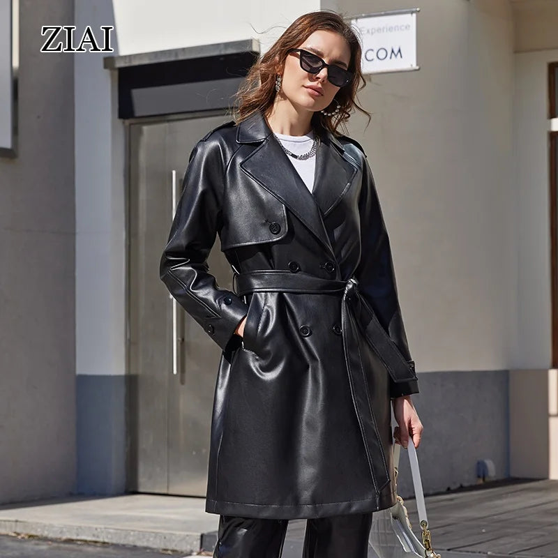 New Products Wholesale Long Fashion Leather Coat Casual High-end Double Breasted Coat Long Leather Coat