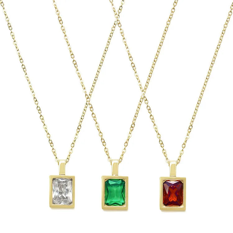 G800 14K Gold Plated Stainless Steel Jewelry for Women Trendy 14K Gold Plated Emerald Gemstone Square Rectangle Rhinestone Link