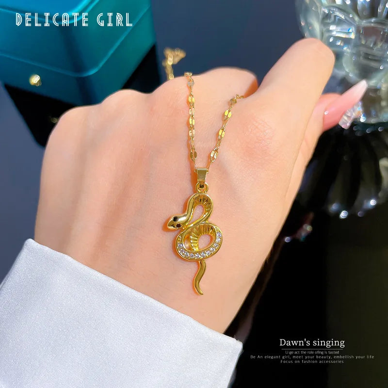 Sparkling Micro Diamond Snake Pendant Necklace Stainless Steel Chain Gold Plated Zircon Bling Snake Choker Necklace