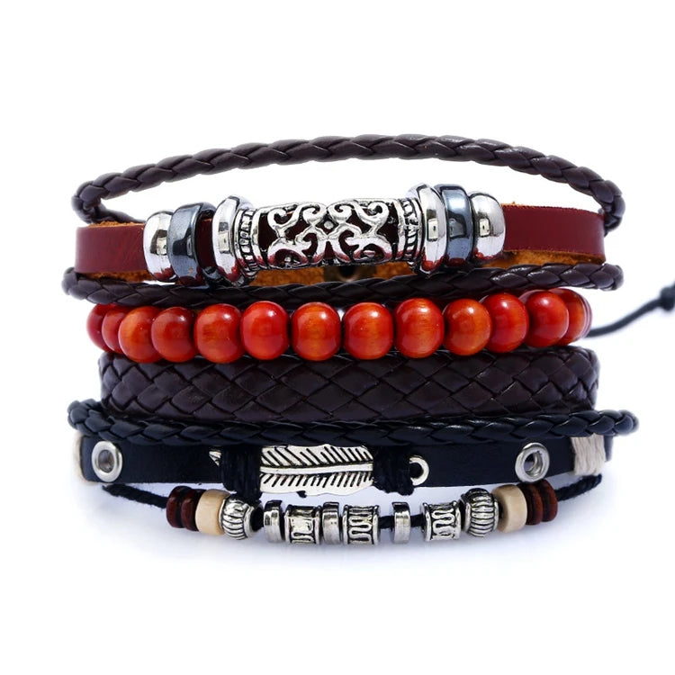 Vintage Charm Leaf Adjustable Leather Rope Man Wrap Bracelet Set Jewelry