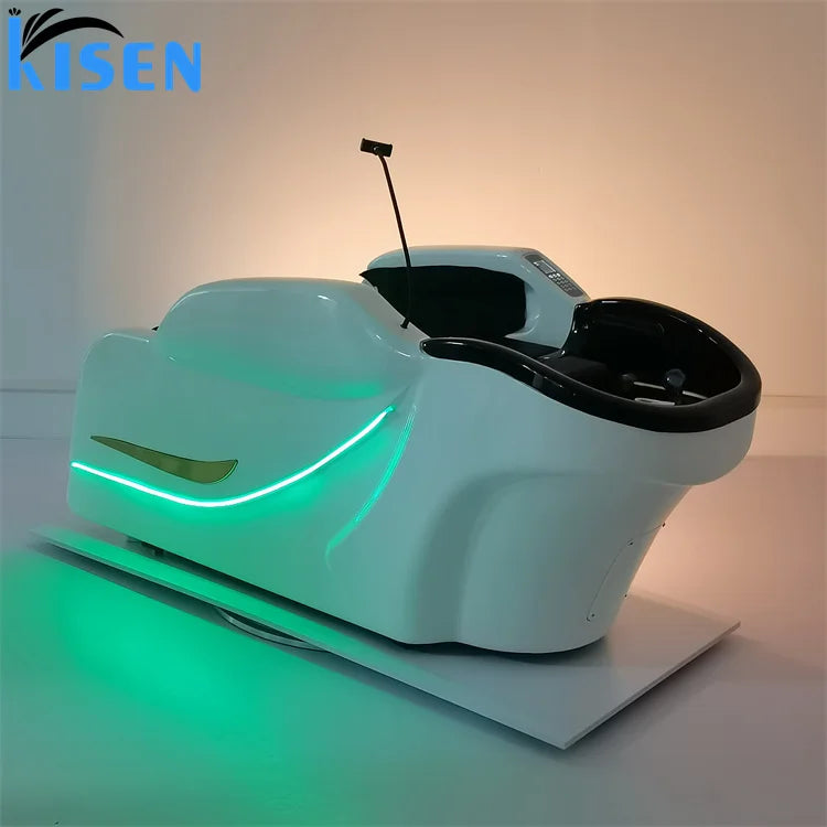 Kisen Newest Electric Lay Down Shampoo Bed Massage Automatic Leg Lifting Shampoo Chair White With Remote Control and Led Light