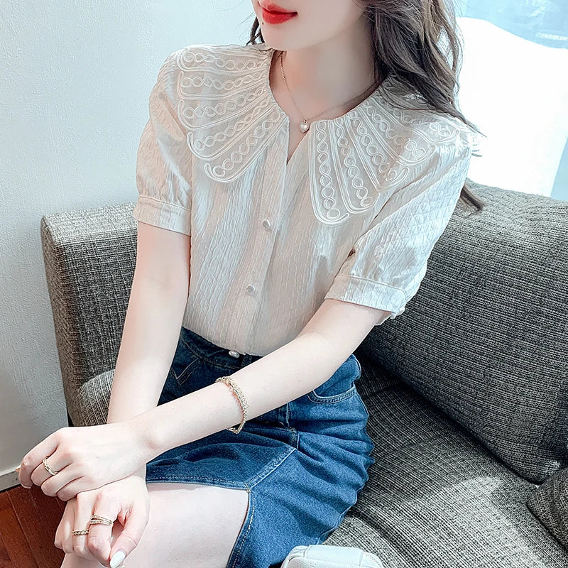 8815# Japanese White Peter Pan Collar Shirts Women Elegant Blouses Girly Harajuku Kawaii Shirts Blusas Mujer