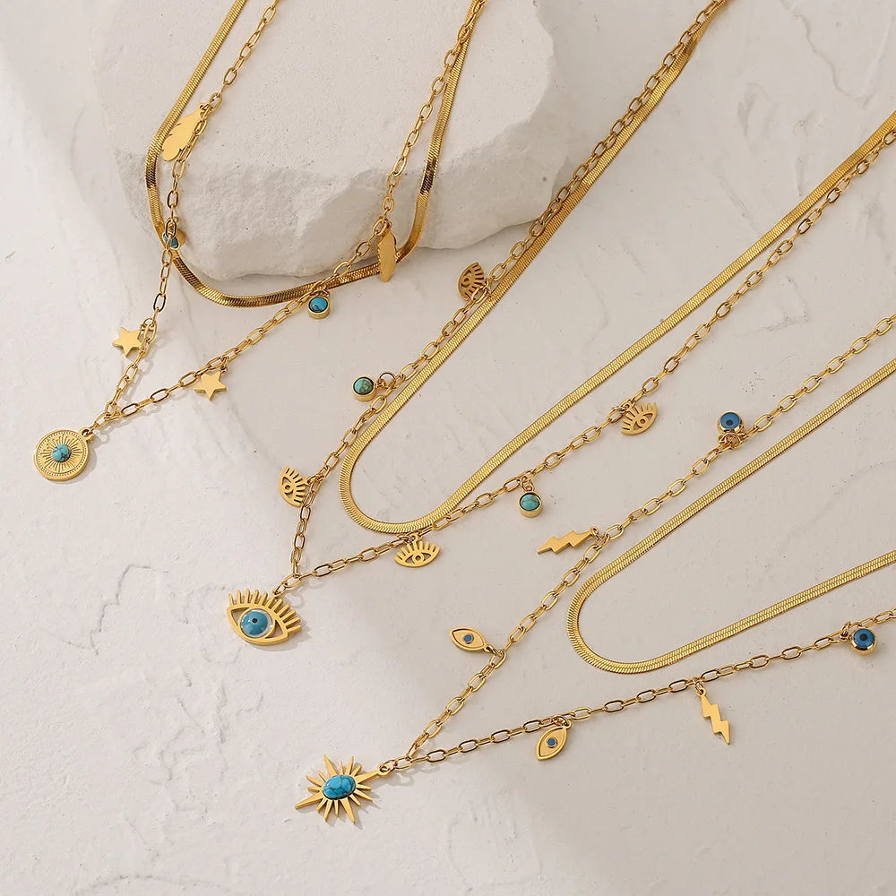 Fashion Double-Layered Genuine Golden Plated Titanium Steel Evil Eyes Necklace for Women