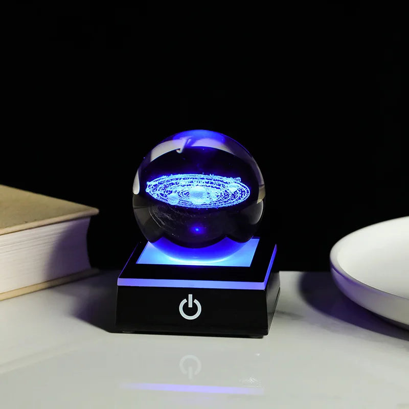 EU Low MOQ Modern Carved Crystal Cube Display Base with LED Lights 68mm Black & Silver 2-color Gravure Printing