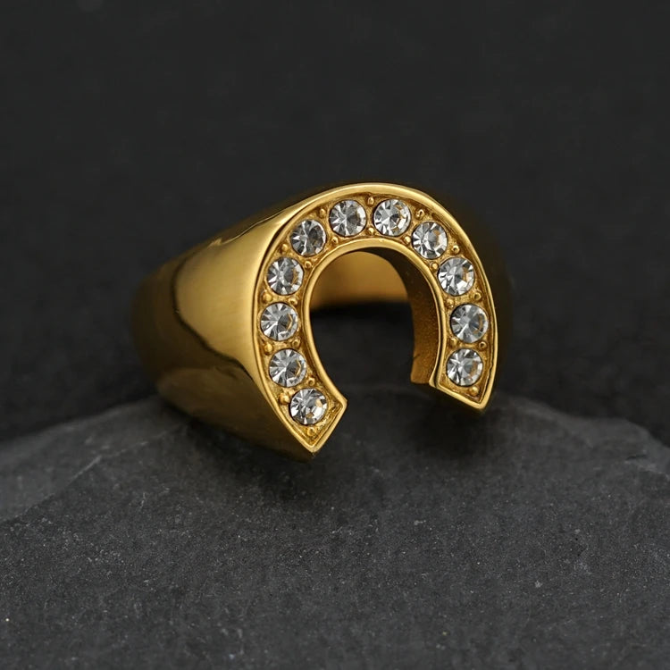 Minimalist Waterproof Hollow Out U Shape Fashion Fine Finger Ring 18k Gold Plated Full Zircon Stainless Steel Jewelry for Women