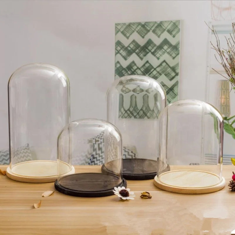 Factory Wholesale Custom All Sizes Glass Dome Cloche With Wooden Black Base Promotion Glass Dome Wood Base