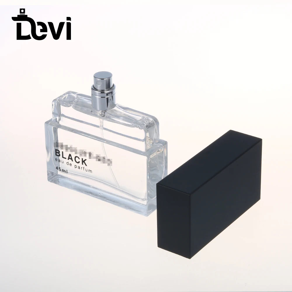 Devi Wholesale Factory Price Man Perfume Glass Bottle Silver Cap Fancy 45ml Hot Stamping Pump Sprayer Carton