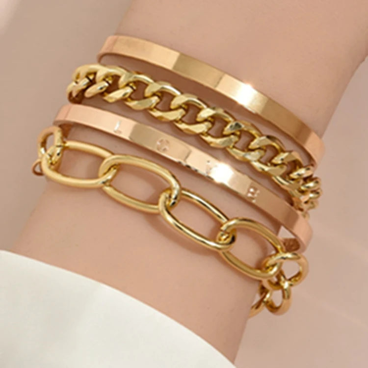 LX-104 Bangle Bracelet Set Jewelry Alloy Women Mirror Finish Love 4pcs Metallic Chain Bracelet Kit