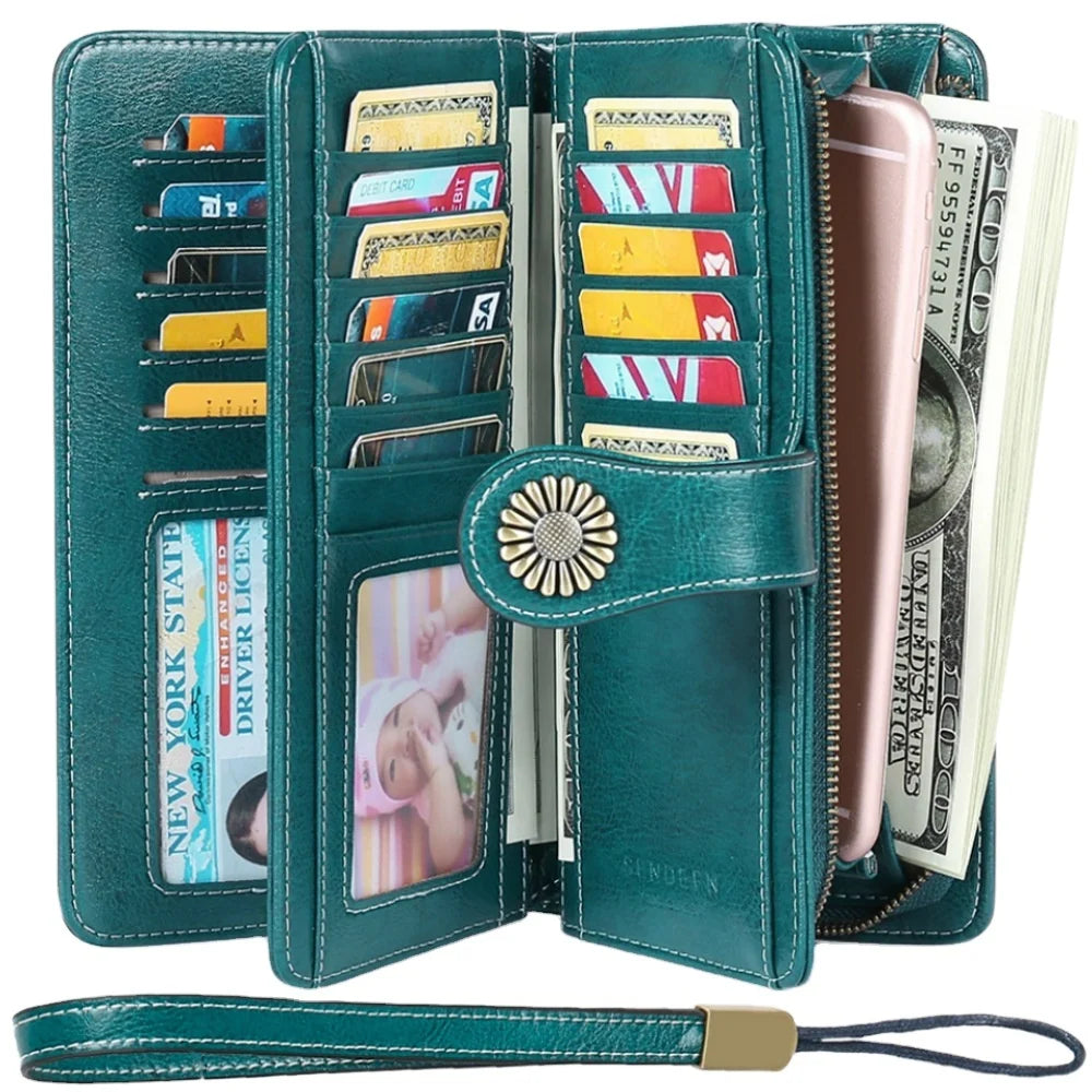 For Boshiho Durable Genuine Leather Women's Wallet Open Closure Long RFID Clutch Purse Vintage Floral Mobile Phone Bags for Men