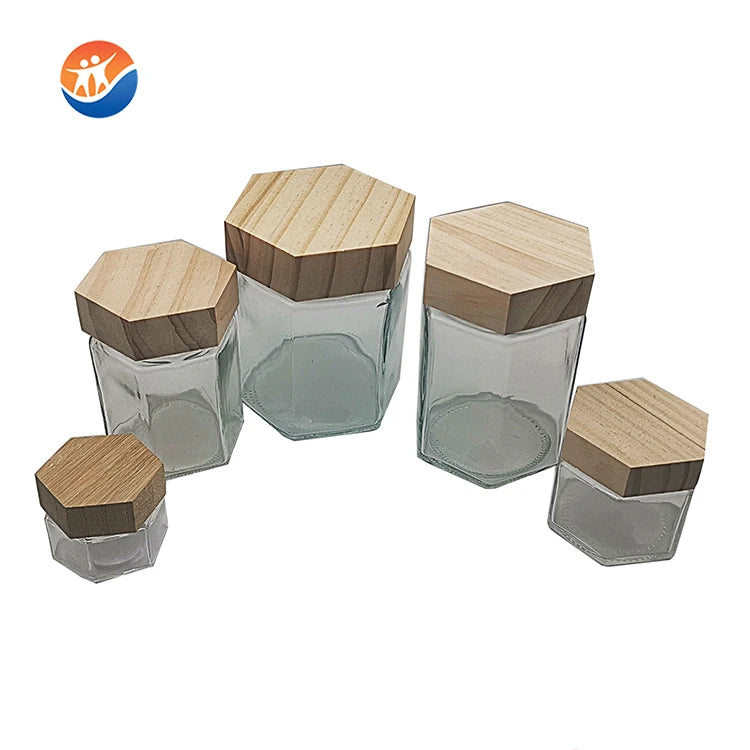 Wholesale Cheap Hexagon Food Storage Honey Empty Glass Jars for Canning with Wooden Lid