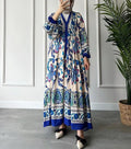 New Color Clash Islamic Women's Long Sleeve Standing Neck Printed Swing Dress Ethnic Muslim Floral V-Neck Dresses