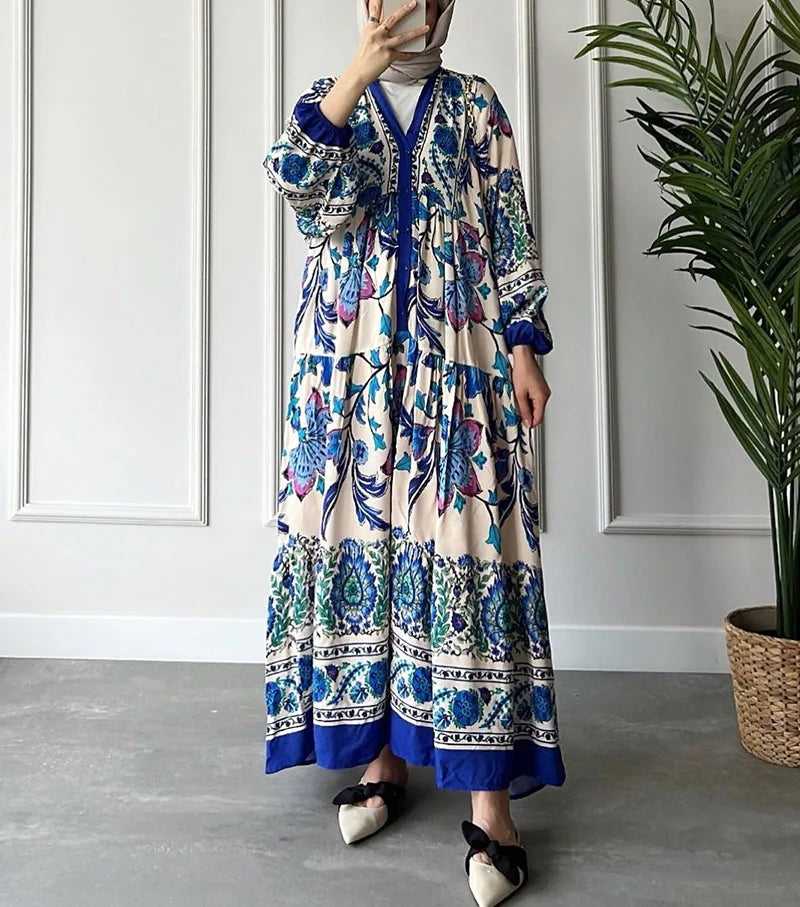 New Color Clash Islamic Women's Long Sleeve Standing Neck Printed Swing Dress Ethnic Muslim Floral V-Neck Dresses