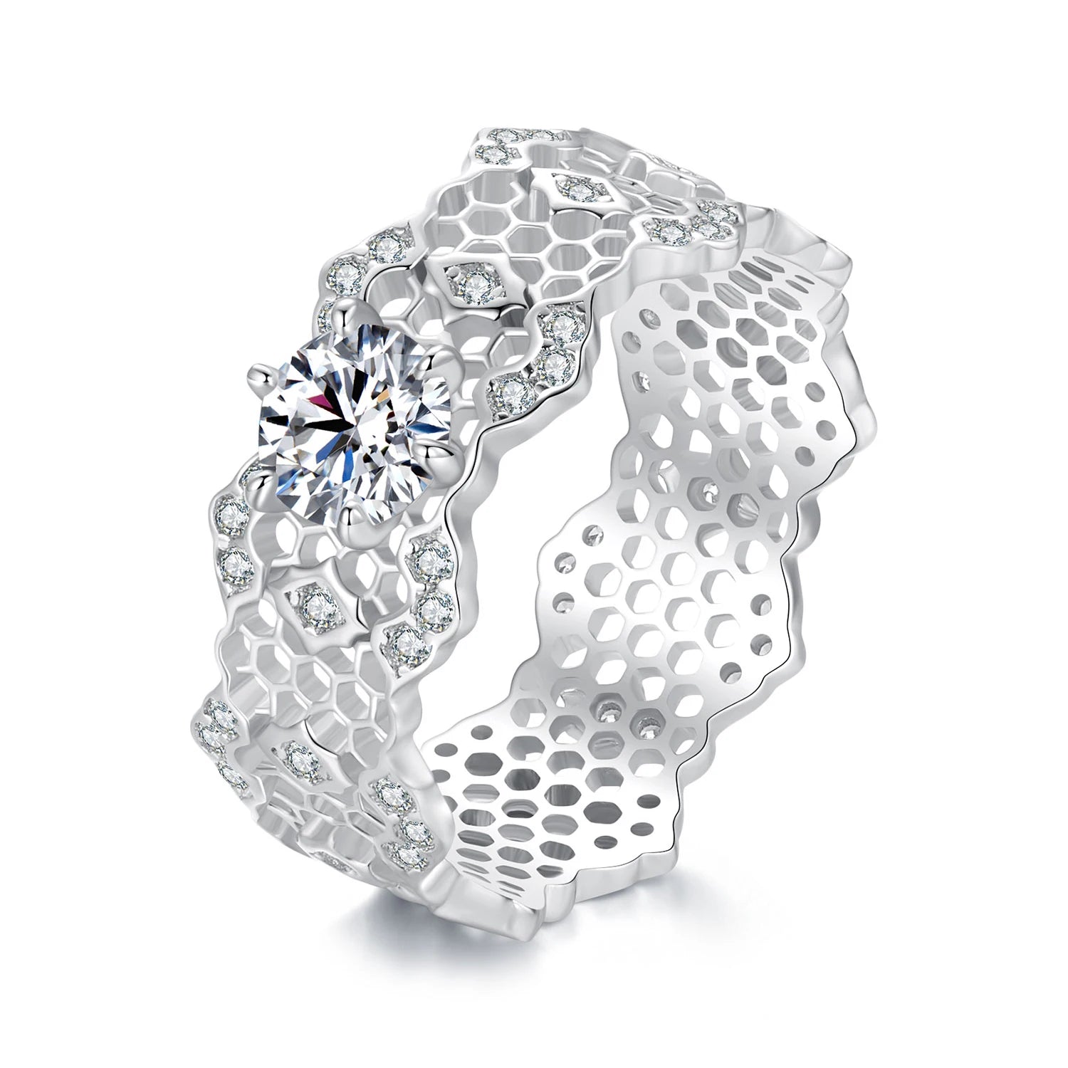 925 Sterling Silver Wide Eternity Ring Moissanite White Gold Plated Wedding Band for Her Valentine's Day Jewelry Gifts