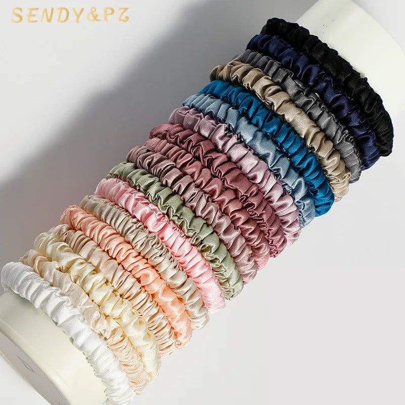 100% Mulberry Silk 1cm Small Hair Scrunchies Skinny Elastic Hair Ties Women Girls Hair Accessories Wholesale