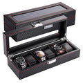 6 Watch Box with Carbon Fiber Wood Shell Glass Top Display Flexible Watch Pillows for Man Women Watches Storage