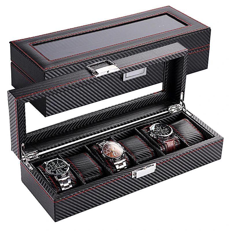 6 Watch Box with Carbon Fiber Wood Shell Glass Top Display Flexible Watch Pillows for Man Women Watches Storage