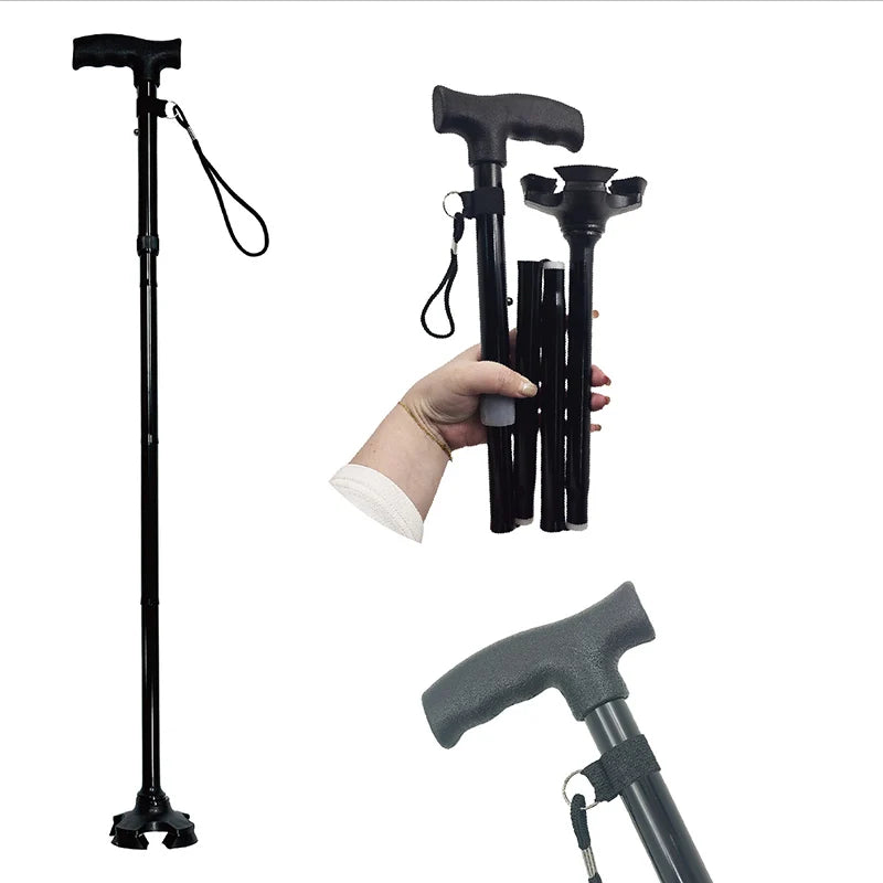 Adjustable Aluminum Alloy Foldable Walking Cane 4 Feet Rubber Tip Crutch Rotating Base PP Grip Modern Outdoor Walking Sticks