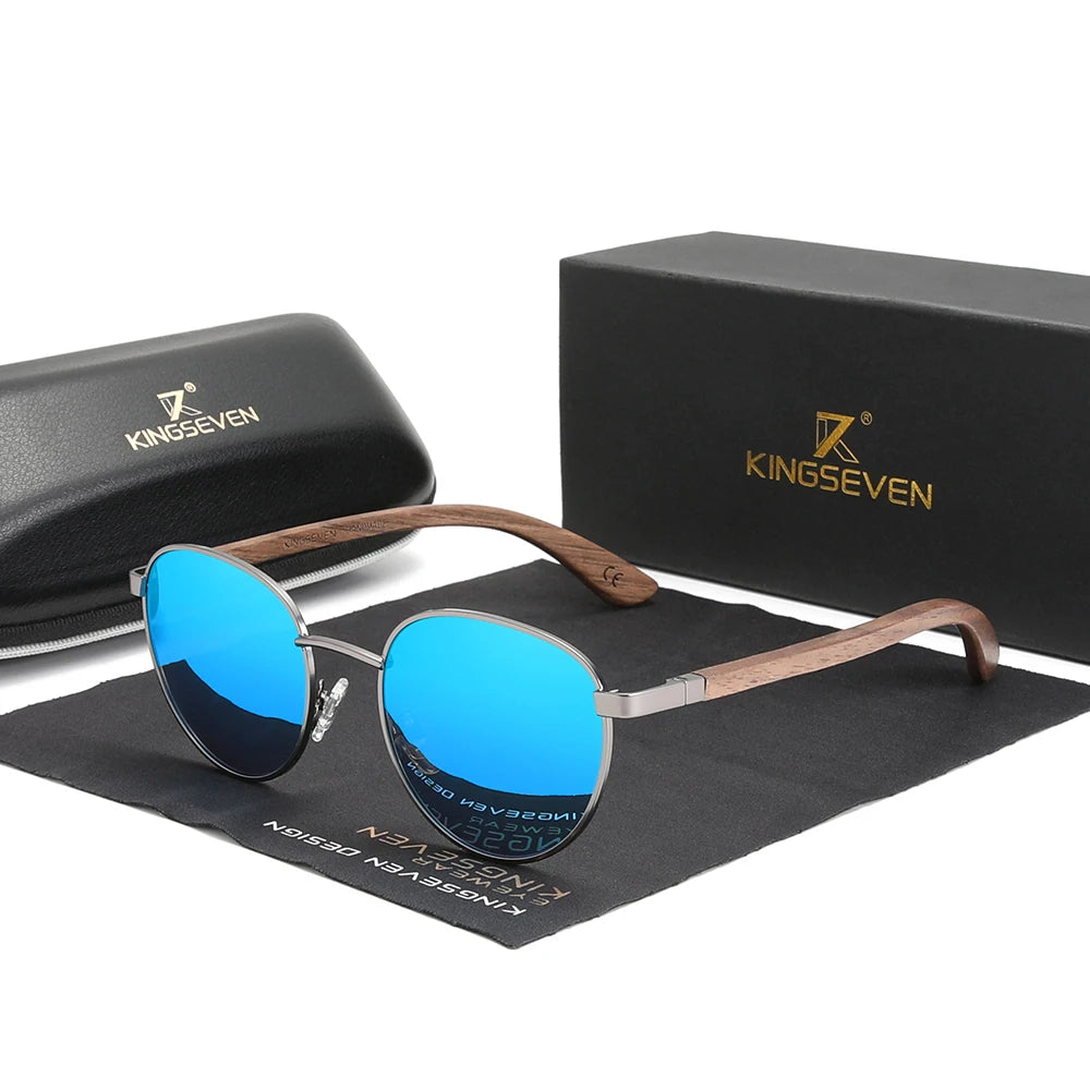 KINGSEVEN Unisex 2022 Handmade Walnut Wood Sunglasses Polarized Mirror Steampunk Shades Tac Lenses Model 5519