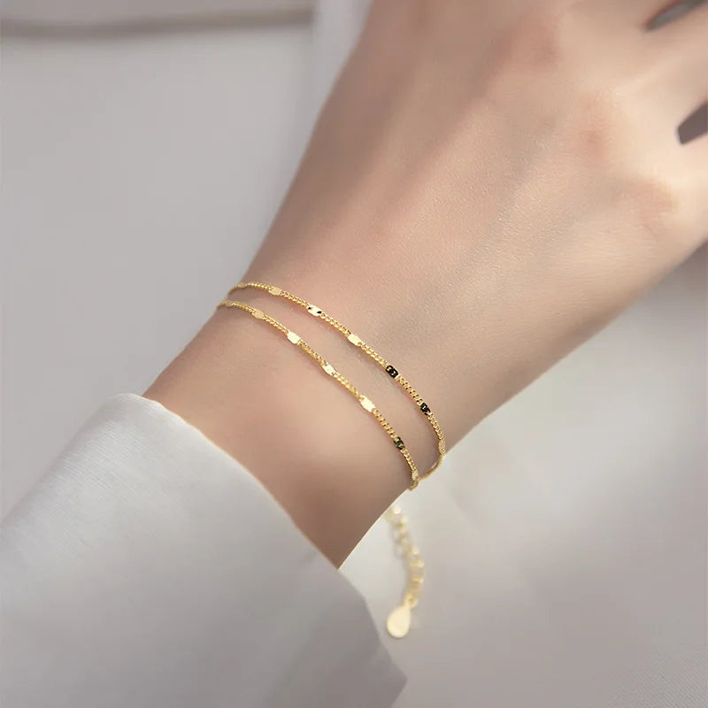 Hot Sale Fashion Jewelry 925 Sterling Silver Minimalist Bracelets Simple Plain Double Layer Gold Plated Bracelets for Women