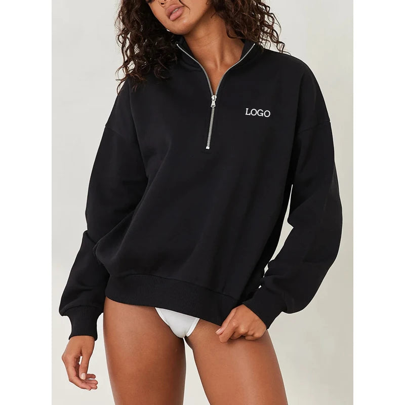 F230375 Custom OEM ODM Winter Clothes Oversize Hoodie Women Top Stand Collar Ribbed Hem Half Zip Pullover Sweatshirt for Women