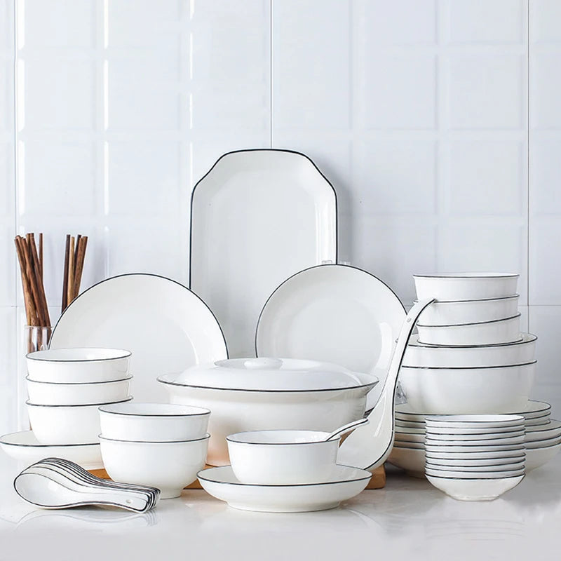 Wedding Tableware Plates Sets Dinnerware Luxury Porcelain White with Gold Rim Serving Ware Plates Sets Ceramic Dinnerware