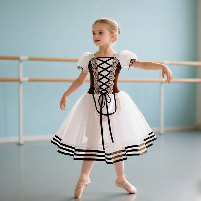 Long Ballet Dress Girls Puff Sleeve Pink Dance Leotard Performance Wear Adult Children Ballet Skirts Contemporary Dance Costumes