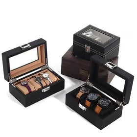 New Black PU Leather 3 Compartment Watch Storage Display Box with Glass Lid for Jewelry Storage
