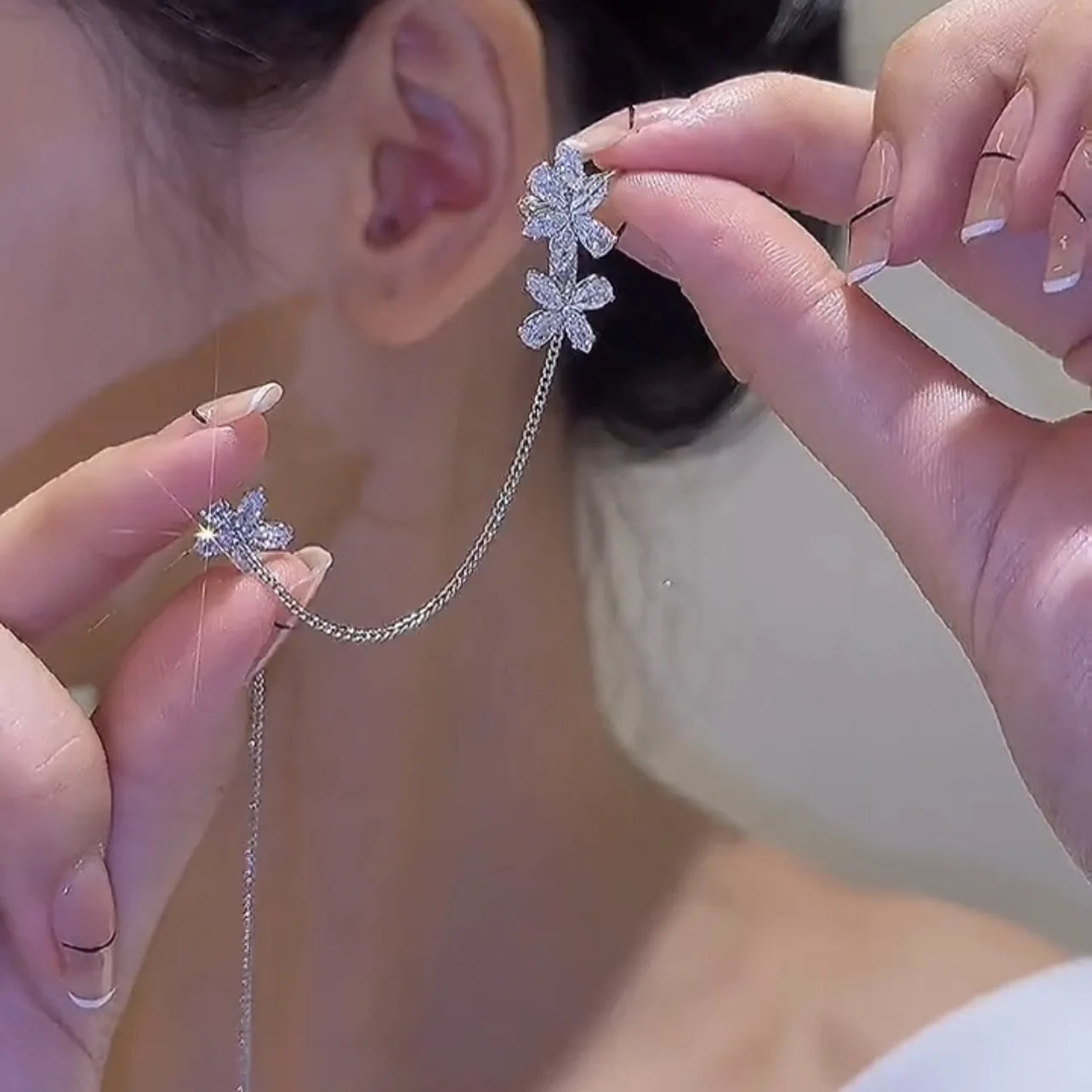 Long Flower Threader Earrings Non Pierced Earrings Cuffs Korean Shiny Silver Zircon Flower Threader Cuff Earrings