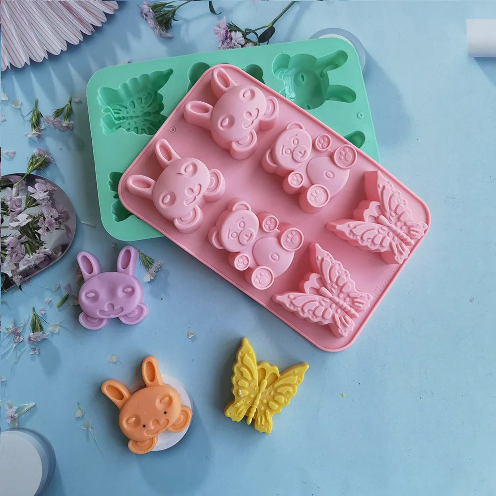 6 Holes Butterfly Bear Rabbit Silicone Cake Mold Cute Animal Easter Handmade Soap Mould DIY Baking Tools Candle Mold