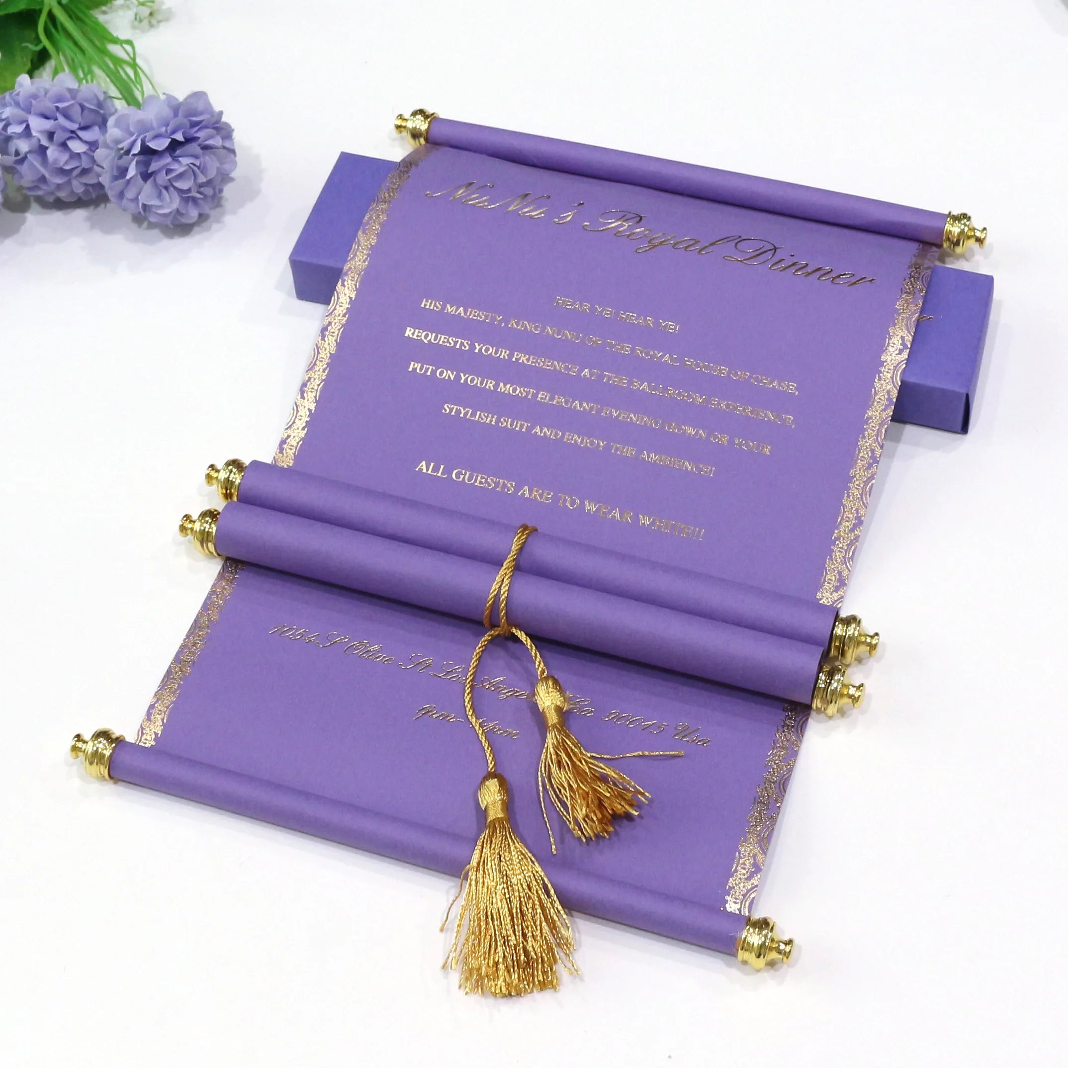 Custom Luxury Wedding Invitation Purple Scroll Card Set With Paper Box