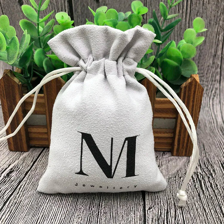 White Custom Faux Suede Drawstring Jewelry  Pouch