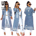 Liu Ming New Fashion Women Winter Clothes Turn Down Collar Long Sleeve Ripped Denim Jackets Outerwear Jeans Coats