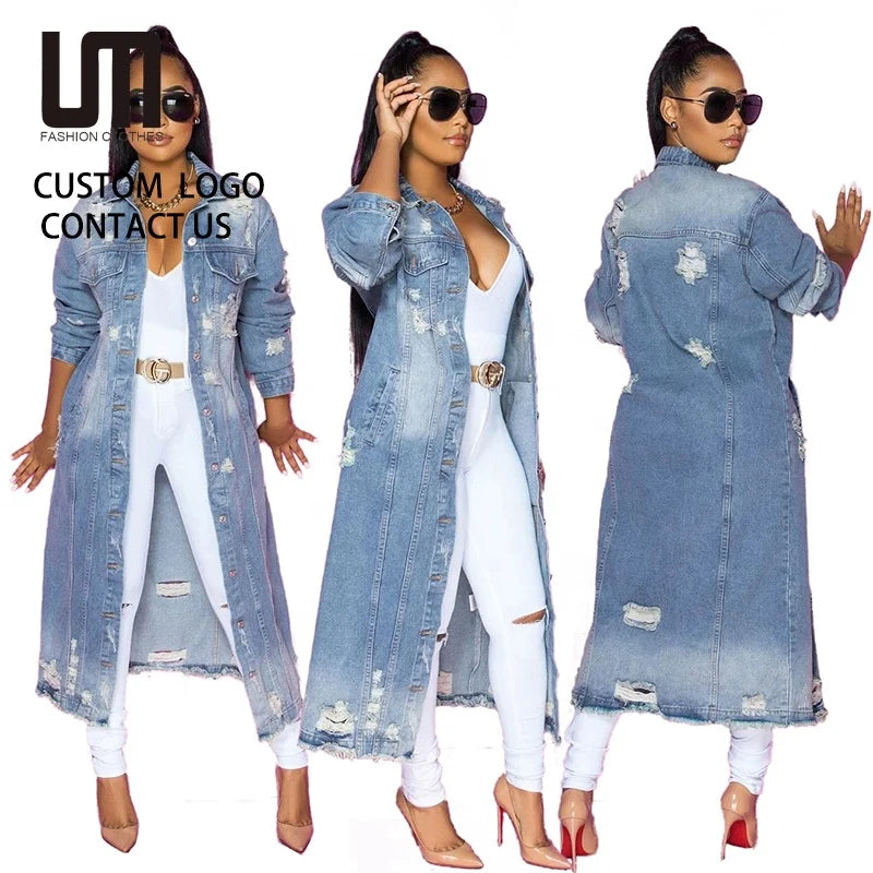 Liu Ming New Fashion Women Winter Clothes Turn Down Collar Long Sleeve Ripped Denim Jackets Outerwear Jeans Coats