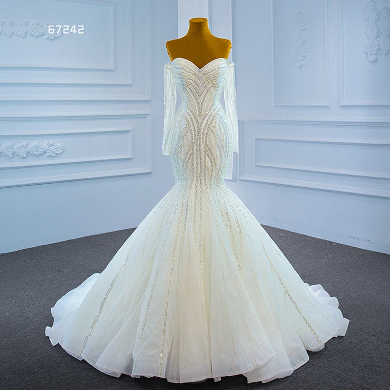 Jancember RSM67242 Ivory Luxurious off Shoulder Mermaid Long Sleeve Bridal Gowns Wedding Dresses