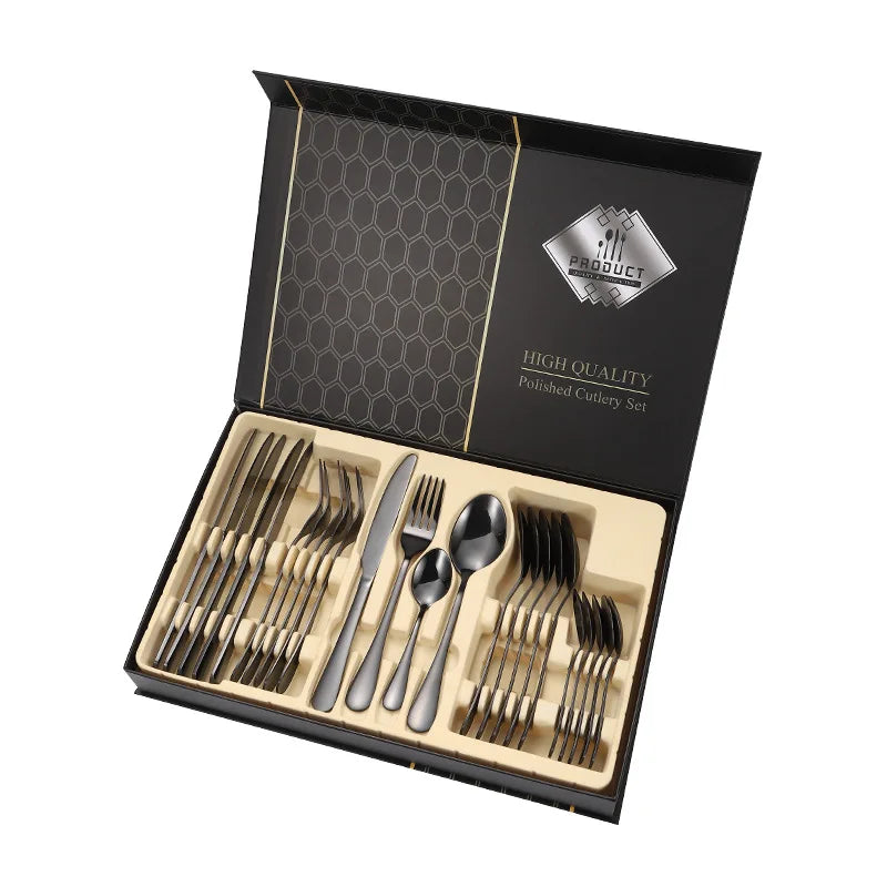 Factory Wholesale Luxury Gold/Black/Rose Gold/Rainbow Plated 24pcs Flatware Stainless Steel Cutlery Set with case