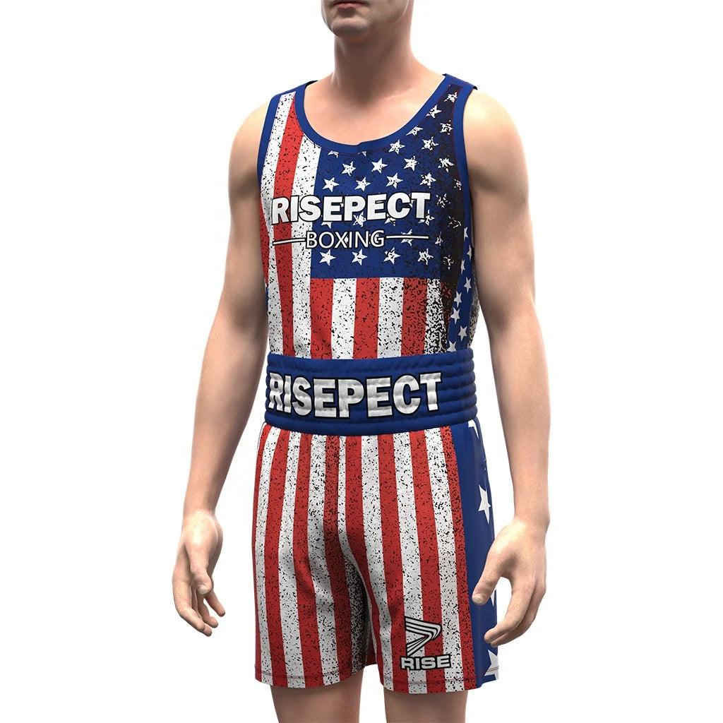 Custom Made Sublimated American Flag Boxing Shorts and Boxing Vest Men Custom Boxing Shorts