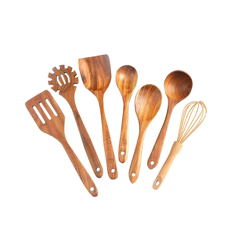 Wholesale Teak Kitchenware Set Kitchen Utensils Spatula Pot Rice Spoon Set Slotted Spoon Eggbeater Kitchenware Set