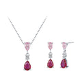925 Sterling Silver Rhodium Plated Jewelry Set Pink CZ Water Drop Pendant Necklace Stud Earrings Women Girls Party Gift MegaBDM