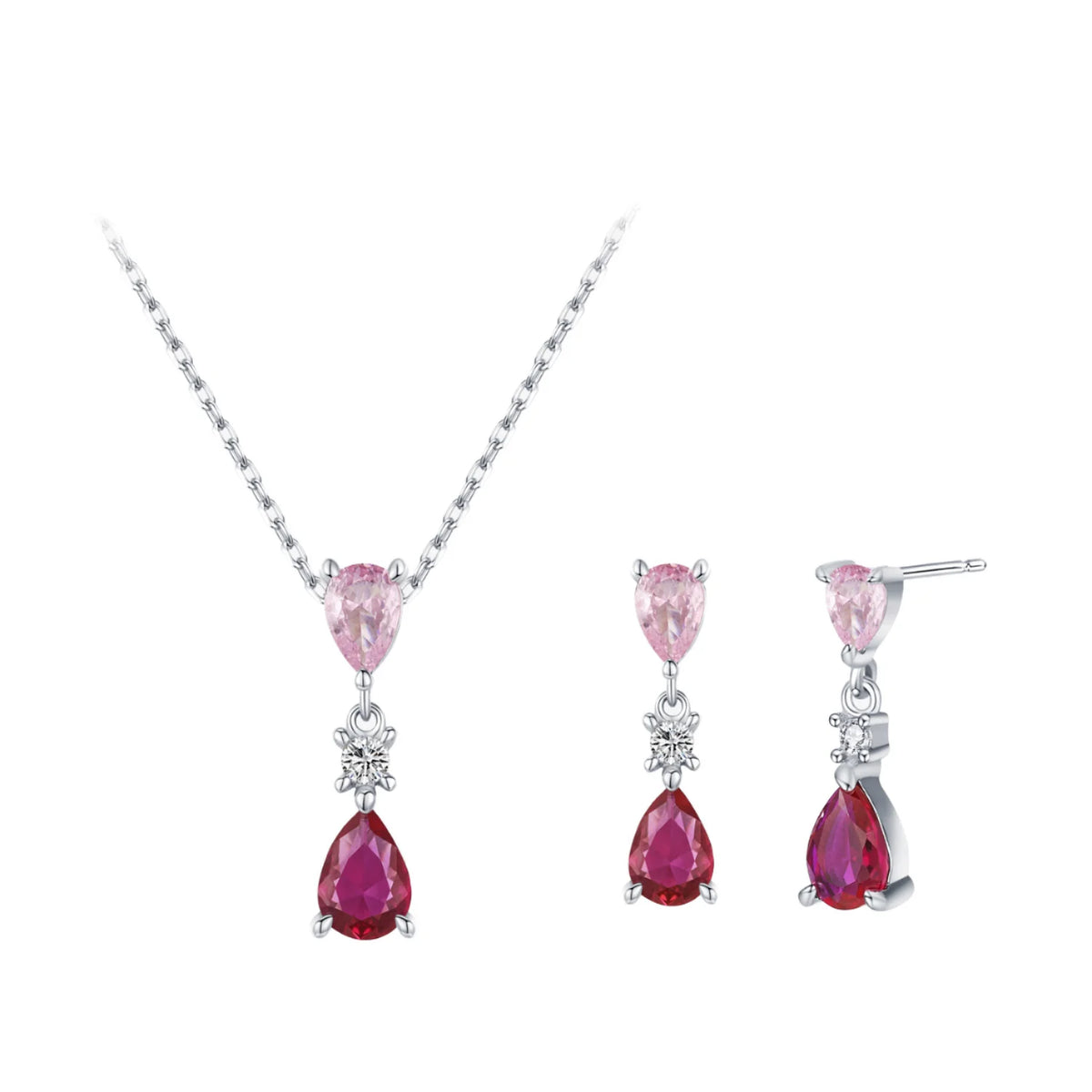 925 Sterling Silver Rhodium Plated Jewelry Set Pink CZ Water Drop Pendant Necklace Stud Earrings Women Girls Party Gift MegaBDM