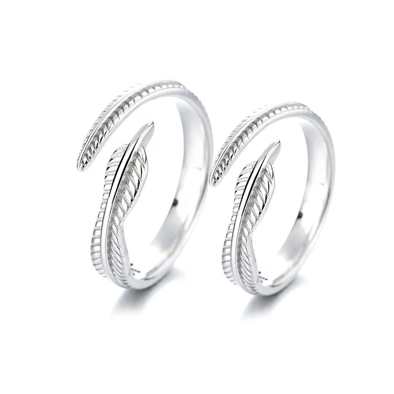JQ33 925 Sterling Silver Leaf Feather Shape Couples Rings Silver Opening Adjustable Rings for Men or Women