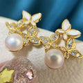 S925 Silver Needle Anti Allergy Earrings Three Flower Butterfly Earrings 7-8MM Natural Freshwater Pearl Earrings for Girls