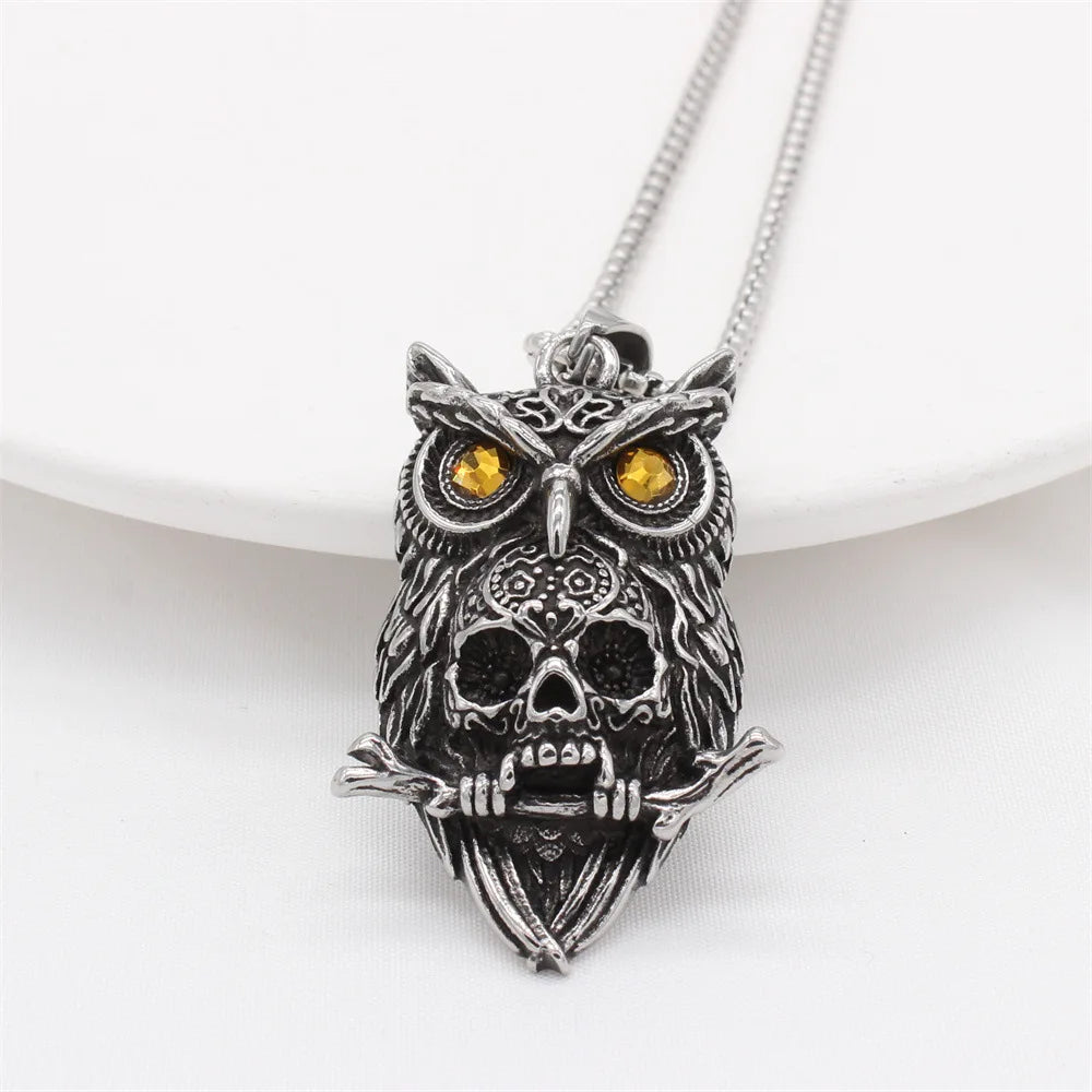 Hip Hop Vintage Jewelry Stainless Steel Owl Skull Pendant Necklace