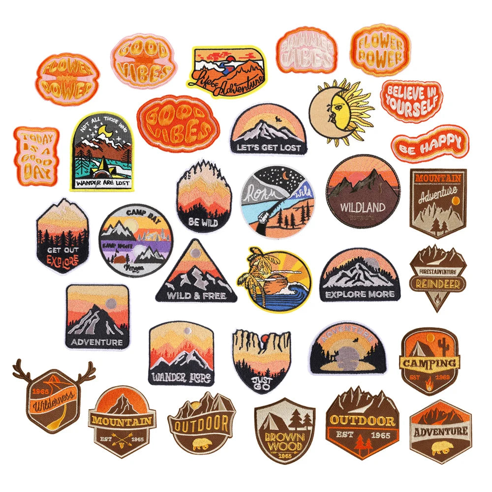 New Arrival Personalized Outdoor Mountain Sunset Scenery Camping Designer Iron-on Backing Embroidered Clothes Patches